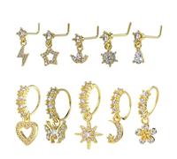 Telooco 10 anelli da naso pendenti da 20 g, a forma di L, a forma di cuore, stella, farfalla, luna, zirconia cubica, con fascino, gioielli indiani, piercing per cartilagine, orecchini da donna