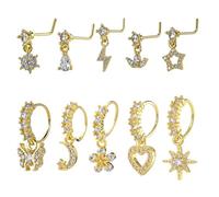 Telooco 10 Pezzi Anelli da Naso Pendenti da 20G per il Naso Orecchini da Donna con Zirconia Cubica Fiore Farfalla Cuore Piercing Gioielli