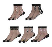 Telooco 5 Paia Calzini in Nylon Calzini Trasparenti da Donna Floreali Calze Nylon Elastiche Calzini Estivi in Pizzo Stretti Calzini Trasparenti alla Caviglia Calzini Casual Girocollo (Nero)