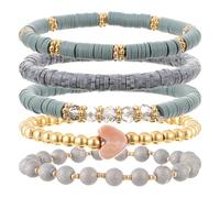 Telooco 5 Pezzi Braccialetti di Perle Donna Boho Bracciali dell'Amicizia Grigio Braccialetti di Perline Estivi Bracciali Elasticizzati Impilabili Braccialetto da Spiaggia Estivo Gioielli per Donna