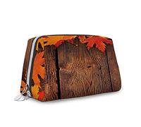 Tema autunnale, borse per il trucco da donna, tavola in legno con foglie secche, borsa per cosmetici in pelle, borsa da viaggio impermeabile, marrone arancione, S, Marrone Arancione_7, Taglia unica,