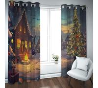 Tema delle fiabe Oscuramento Tende termoisolanti Piccola città Cabina Albero di Natale Stampe falò Tende per porte per camera da letto Soggiorno W140xL215cm 2 pannelli
