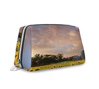 Tema dessert, borsa cosmetica per trucchi, ciambella rivestita di cioccolato, biscotto latte macchiato, organizer in pelle, borsa da toeletta riutilizzabile, marrone crema, M, Giallo Blu_18, Taglia