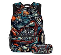 Tema moto Conquer The Classroom con il nostro set di 2 zaini per bambini, zaino grande capacità e astuccio per ragazzi, ragazze e adolescenti, Multicolore#07, B:29.4x20x40cm P:19x7.5x3.8cm, Zaini