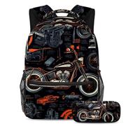 Tema moto Conquer The Classroom con il nostro set di 2 zaini per bambini, zaino grande capacità e astuccio per ragazzi, ragazze e adolescenti, Multicolore#02, B:29.4x20x40cm P:19x7.5x3.8cm, Zaini