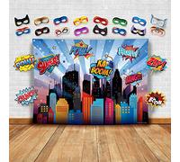 Tema Wonder Woman e altri supereroi sfondo del paesaggio urbano con oggetti di scena e maschera. Fondale per cabina fotografia di super eroe di scena della città, decorazioni per festa di compleanno.