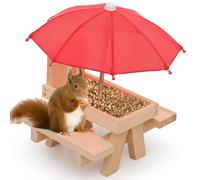 Temeemeg Squirrel Picnic Table, Wooden Funny Squirrel Feeder with Umbrella Adorable Feeder for Outside, Corn & Nut, Charming Garden Decor.