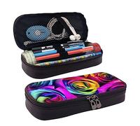 TEMKIN Astuccio in pelle con stampa ad acquerello, con rosa arcobaleno, grande capacità, astuccio per matite e cosmetici, con cerniera, Nero , Taglia unica, Semplice