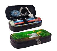 TEMKIN Astuccio in pelle con stampa di coniglio e fiore, astuccio per penne di grande capacità, grazioso astuccio per cosmetici, organizer con cerniera, Nero , Taglia unica, Semplice