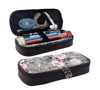 TEMKIN Astuccio in pelle con stampa di fiori di rosa con foglie, grande capacità, astuccio carino per matite e cosmetici, con cerniera, Nero , Taglia unica, Semplice