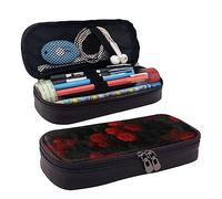 TEMKIN Astuccio in pelle con stampa rosa rossa e nera, grande capacità, astuccio carino per matite e cosmetici, con cerniera, Nero , Taglia unica, Semplice