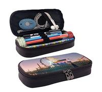 TEMKIN Pier Lights - Astuccio in pelle con stampa di grande capacità, astuccio per matite e cosmetici, con cerniera, Nero , Taglia unica, Semplice