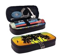 TEMKIN Plam Tree - Astuccio in pelle con stampa di isola tropicale al tramonto, grande capacità, astuccio per matite e cosmetici, con cerniera, Nero , Taglia unica, Semplice