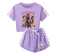 Temolie K-POP Katseye Merch, maglietta a maniche corte e pantaloncini, abbigliamento da yoga, set per fan della musica grafica, abbigliamento streetwear per bambini 5-13 anni, Viola, 11-12 Years