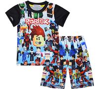 Temolie Pigiama Roblox per ragazzi e ragazze, con maglietta a manica corta e pantaloni, indumento notturno con personaggi 3D da gioco, set di 2 pezzi, Nero , 9-10 Years