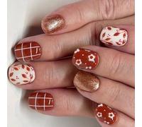 TEMOOUES 24 unghie glitterate a pressione, fiori e linee, copertura completa, unghie finte, per l'inverno, unghie artificiali, forniture per manicure