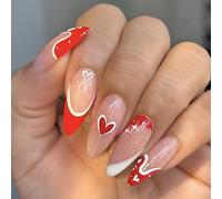 TEMOOUES Unghie finte francesi lunghe a mandorla per San Valentino, 24 pezzi, unghie artificiali lucide adesive con design a cuore