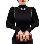 Temperament Plate Button Nail Diamond Solid Base Sweater Women Autumn Winter Retro Half Turtleneck Lantern Sleeve Knitted Top(Black,XXL)