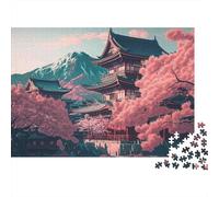 Tempio giapponese sakura Puzzle 1000 pezzi difficile per adulti Pagoda tra ciliegi rosa in fiore paesaggio montano Premium robusto alta qualità vibrante antistress gioco 38x26cm/1000pz