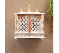 Tempio per la casa in legno splendidamente realizzato (45 × 22 × 55 cm) con pannelli intagliati, ripiano interno e cassetto portaoggetti perfetto per pooja quotidiano e piccoli santuari domestici