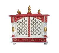 Tempio per la casa in legno splendidamente realizzato (45 × 22 × 55 cm) con pannelli intagliati, ripiano interno e cassetto portaoggetti perfetto per pooja quotidiano e piccoli santuari domestici