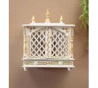 Tempio per la casa in legno splendidamente realizzato (45 × 22 × 55 cm) con pannelli intagliati, ripiano interno e cassetto portaoggetti perfetto per pooja quotidiano e piccoli santuari domestici