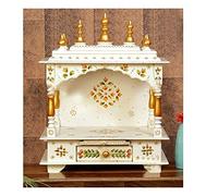 Tempio per la casa in legno splendidamente realizzato (45 × 30 × 61 cm) con pannelli intagliati, ripiano interno e cassetto portaoggetti - perfetto per pooja quotidiana e piccoli santuari domestici