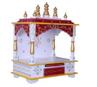 Tempio per la casa in legno splendidamente realizzato (45 × 30 × 61 cm) con pannelli intagliati, ripiano interno e cassetto portaoggetti, perfetto per pooja quotidiana e piccoli santuari domestici