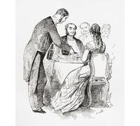 Tempo di cena a Parigi. Una coppia si siede a un tavolo mentre un cameriere versa loro un bicchiere di vino. Dalla stessa Parigi di nuovo pubblicato 1882. Stampa poster di Ken Welsh (12 x 14)