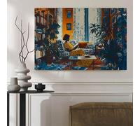 Tempo di lettura al chiuso, decorazione con piante tropicali, arte murale su tela in stile impressionista per la decorazione della parete del soggiorno (50x75 cm/cornice interna)