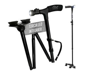Tempo di Saldi Bastone per Anziani Pieghevole con Luce LED Torcia Integrata - Bastone da Passeggio Ergonomico Regolabile in Altezza con Base Autoportante a 4 Piedi Multi-Terreno Leggero e Richiudibile
