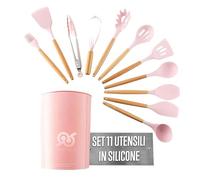 PERIODO DI SALDI - Set di 11 utensili da cucina in silicone resistenti al calore con manico in legno, solo colori assortiti