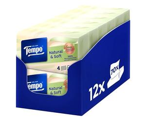Tempo Fazzoletti Formato Box Natural & Soft, 4 Veli, 12 x 70 Pezzi | 840 Fazzoletti di Carta Totali, Resistenti in Lavatrice, Senza Profumo, Coloranti e Allergeni
