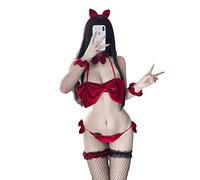 Temptshow Lingerie sexy da donna, set da cameriera cosplay coniglietto ragazza fiocco reggiseno giapponese anime peloso carino mutandine reggiseno, rosso vino, taglia unica