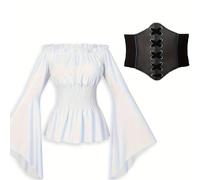TEMU 2 pezzi, Costumi da pirata da donna per adulti, Camicia rinascimentale da donna per costume da Regina dei pirati di Halloween, Camicia contadina medievale con spalle scoperte.