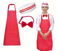 TEMU 3 Pezzi Kit Costume da Cameriere Anni '50, Cappello da Chef Papillon Grembiule a Righe Rosse e Bianche, Set per Feste Cinema di Cinema Halloween Cosplay