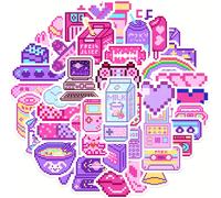 TEMU 50 Fogli Adesivi Rosa Pixel Art Oggetti Piccoli Doodle per Console di Gioco pz, Telefono, Cibo, Decorazioni Creative in PVC per Libri, Tazze, Album di , Cover per Telefono