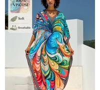 TEMU Abito Kaftan a a V in taglie grandi - stampa multicolore , abito maxi a scollatura per donne, per e uscite casual in estate, copertura per |Abito stampato |Tessuto , abiti da spiaggia