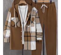 TEMU Camicia a maniche lunghe da a quadri con patchwork autunnale, con cappuccio e , abbinata a pantaloni lunghi con coulisse a per a casa