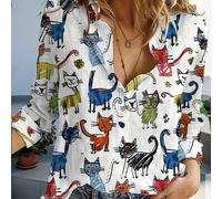 TEMU Camicia da / a maniche lunghe con stampa, linee patchwork irregolari multicolore di tendenza, stampa e motivo gattino tridimensionale
