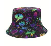 TEMU Cappello a secchiello reversibile, stampa vivace di funghi unisex e cappello a secchiello nero solido, stile hip hop Y2K cappello da pescatore indossabile da entrambi i lati