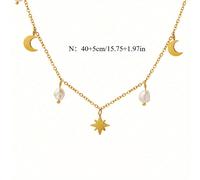 TEMU Collana con pendente a forma di stella a otto punte, luna e perla , design e americano, stile , in acciaio inossidabile, e versatile, adatta per indossata in tutte e 4 , idea regalo per le feste