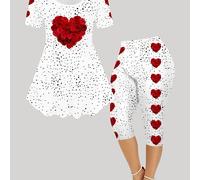 TEMU Completo da donna con pantaloni capri a maniche corte e stampa con rose per San Valentino