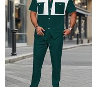 TEMU Completo Estivo Due Pezzi da , Tessuto a d'Ape con a e Tasche Camicia a Maniche Corte + Pantaloni Casual, Scene Multiple