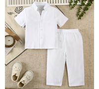 TEMU Completo estivo pezzi per ragazzo: camicia cardigan a maniche corte con bottoni e pantaloni lunghi con vita , stile gentleman casual da esterno, per l'esterno