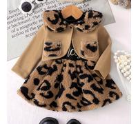 TEMU Completo per neonata con vestito e giacca in pelliccia con stampa leopardata, abbigliamento caldo inverno per , per l'esterno