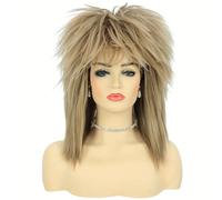 TEMU da donna ispirata alla Tina Rock Diva degli anni '80, con capelli lunghi in stile mullet, perfetta per cosplay glam punk rock e feste di Halloween