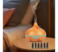 TEMU Diffusore di Oli Essenziali con 6 oli essenziali, Diffusore a Legno da 550ml con Telecomando, Umidificatore a Fredda, Luci LED a 7 Colori e Funzione Auto-Off per Casa, Camera da Letto e Ufficio