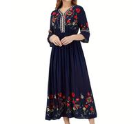 TEMU Elegante abito maxi verde ricamato con scollo maniche con frange - Motivo , lunghezza lunga, per donne adulte, indossare in tutte , abito