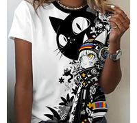 TEMU Fantastica! T-shirt a maniche corte con stampa gatto anime in e , Sblocca il codice dello stile individuale, Stile anime giapponese, Abbigliamento da donna